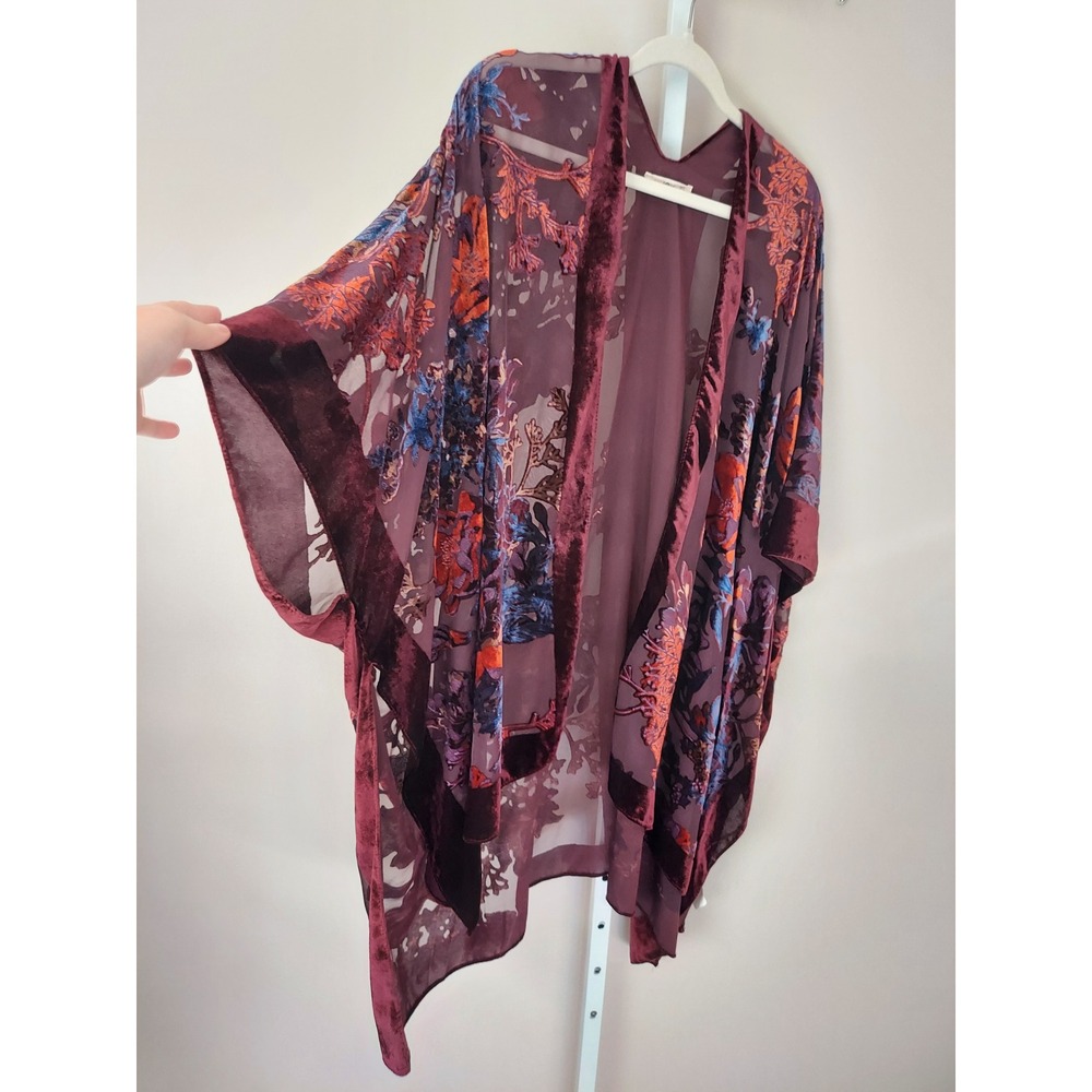Natural Life Burgundy Floral Velvet Burnout Kimono Wrap One Size Boho Sheer